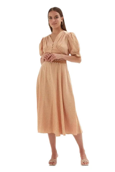 Düğme Detaylı Beli Lastikli Elbise 1777-Sarı