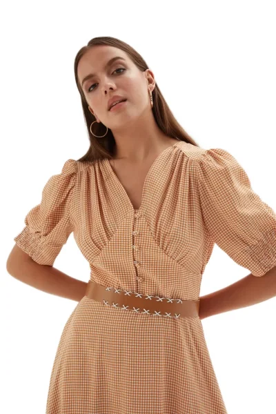 Düğme Detaylı Beli Lastikli Elbise 1777-Sarı