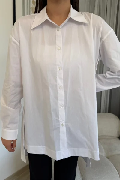Düğme Detaylı Poplin Gömlek 6014-Beyaz