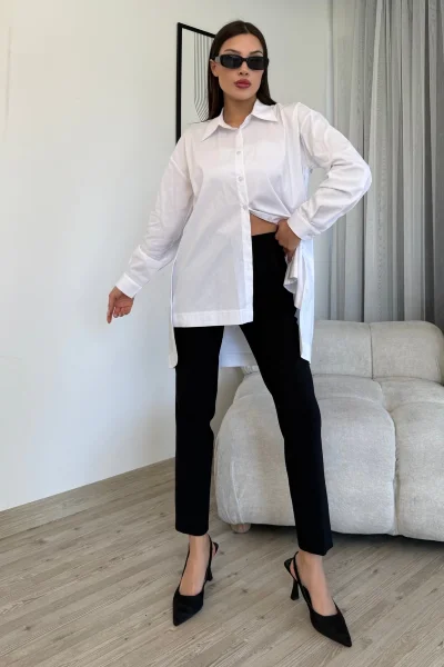 Düğme Detaylı Poplin Gömlek 6014-Beyaz