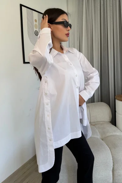 Düğme Detaylı Poplin Gömlek 6014-Beyaz