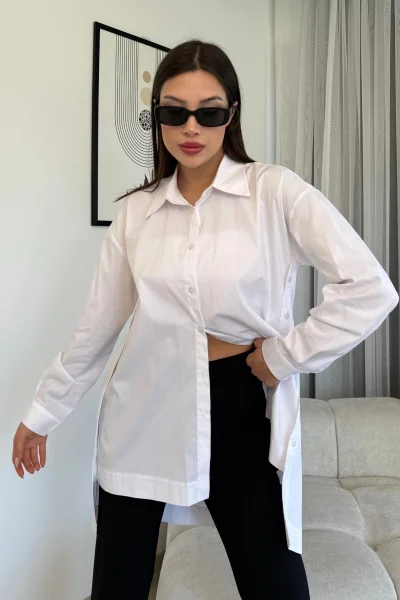 Düğme Detaylı Poplin Gömlek 6014-Beyaz