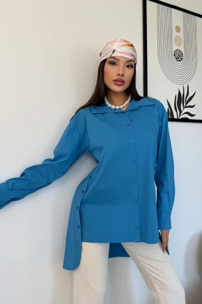 Düğme Detaylı Poplin Gömlek 6014-Mavi