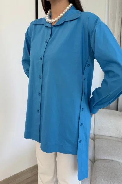 Düğme Detaylı Poplin Gömlek 6014-Mavi