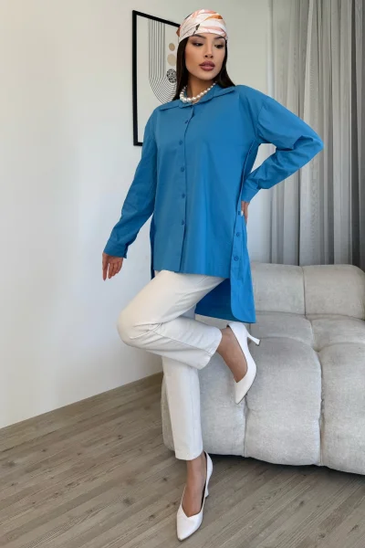 Düğme Detaylı Poplin Gömlek 6014-Mavi