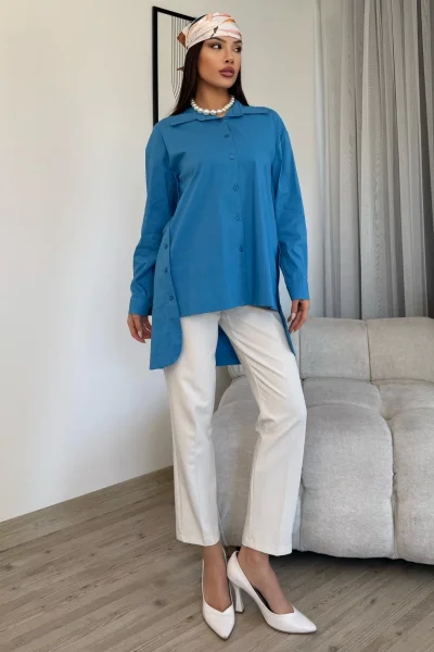 Düğme Detaylı Poplin Gömlek 6014-Mavi