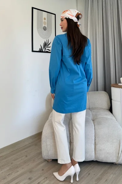Düğme Detaylı Poplin Gömlek 6014-Mavi