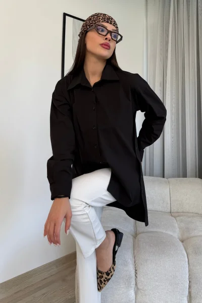 Düğme Detaylı Poplin Gömlek 6014-Siyah