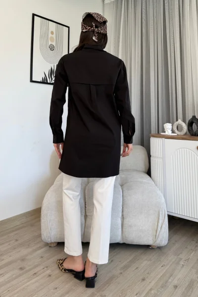 Düğme Detaylı Poplin Gömlek 6014-Siyah