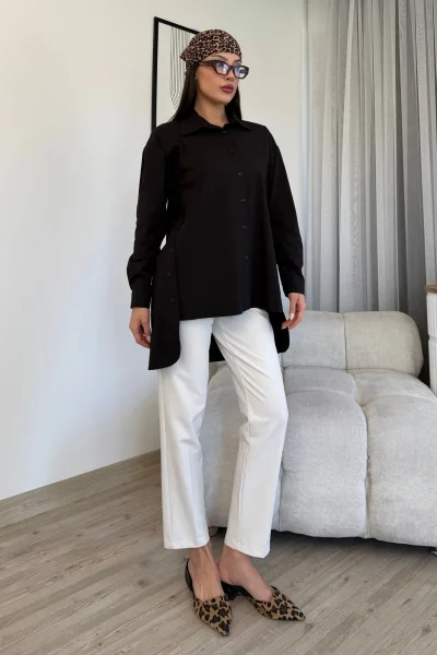 Düğme Detaylı Poplin Gömlek 6014-Siyah