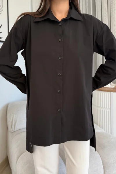 Düğme Detaylı Poplin Gömlek 6014-Siyah