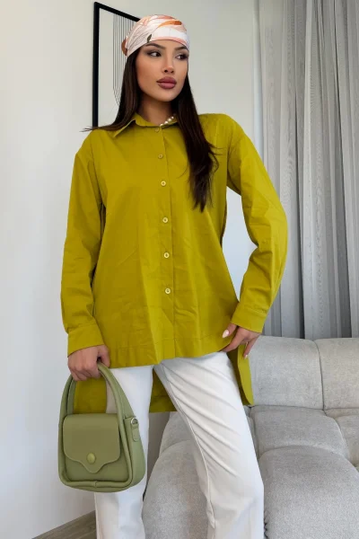 Düğme Detaylı Poplin Gömlek 6014-Yeşil