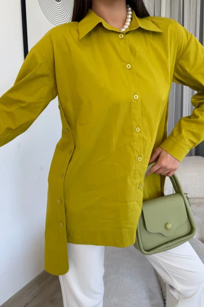 Düğme Detaylı Poplin Gömlek 6014-Yeşil