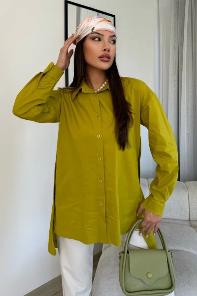 Düğme Detaylı Poplin Gömlek 6014-Yeşil