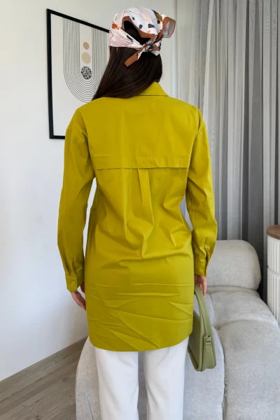 Düğme Detaylı Poplin Gömlek 6014-Yeşil