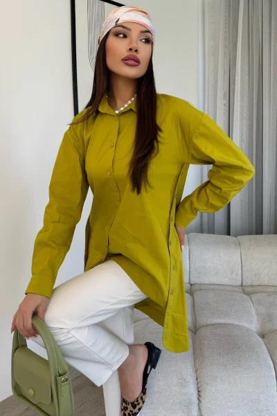 Düğme Detaylı Poplin Gömlek 6014-Yeşil