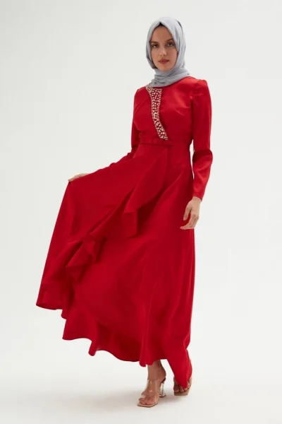 El İşlemeli Saten Elbise 693-Kırmızı