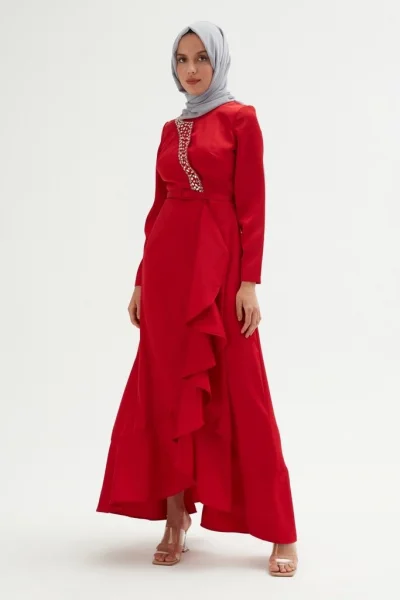 El İşlemeli Saten Elbise 693-Kırmızı