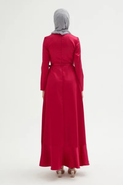 El İşlemeli Saten Elbise 693-Kırmızı