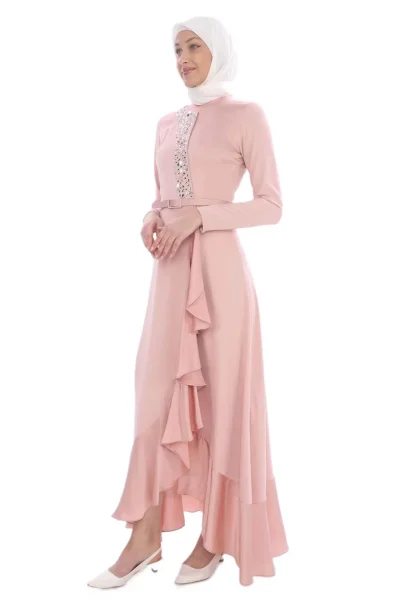 El İşlemeli Saten Elbise 693-Pudra