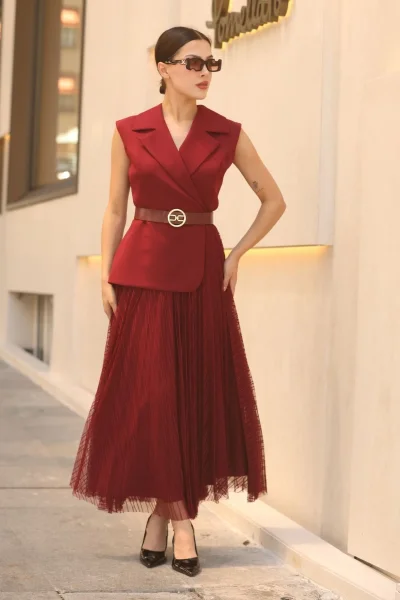 Eteği Piliseli Kemerli Abiye Elbise 2390-Bordo