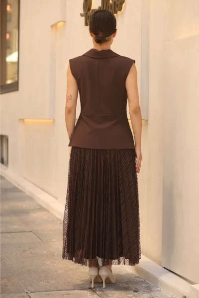 Eteği Piliseli Kemerli Abiye Elbise 2390-Kahverengi