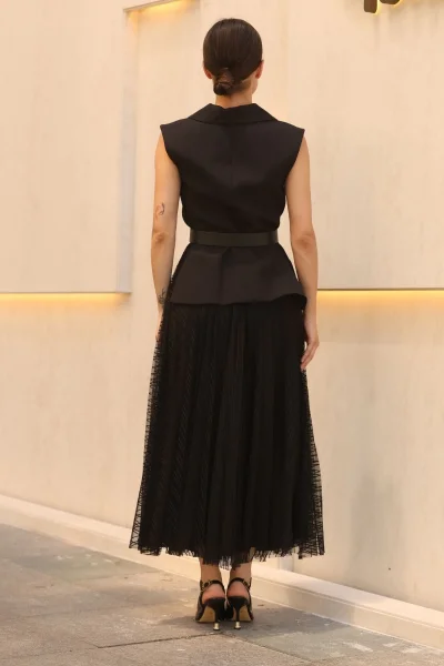 Eteği Piliseli Kemerli Abiye Elbise 2390-Siyah