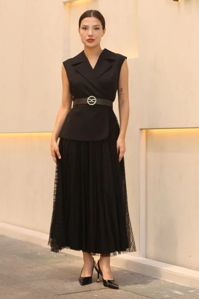 Eteği Piliseli Kemerli Abiye Elbise 2390-Siyah