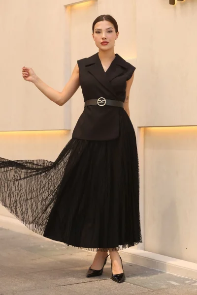 Eteği Piliseli Kemerli Abiye Elbise 2390-Siyah