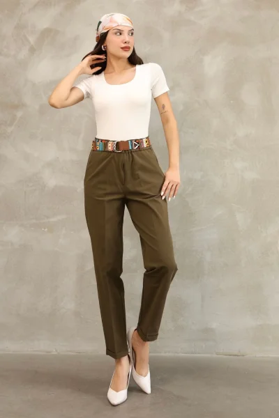 Etnik Desen Kemerli Gabardin Kumaş Pantolon 6176-Haki