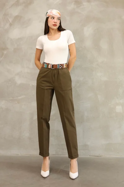 Etnik Desen Kemerli Gabardin Kumaş Pantolon 6176-Haki