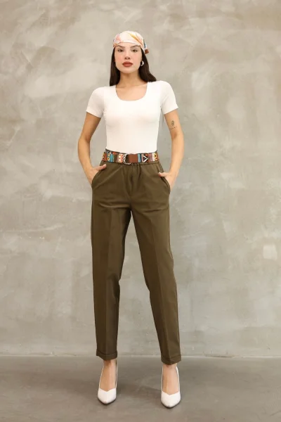 Etnik Desen Kemerli Gabardin Kumaş Pantolon 6176-Haki