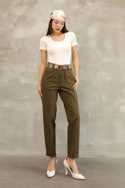 Etnik Desen Kemerli Gabardin Kumaş Pantolon 6176-Haki