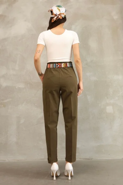 Etnik Desen Kemerli Gabardin Kumaş Pantolon 6176-Haki