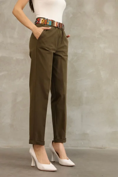 Etnik Desen Kemerli Gabardin Kumaş Pantolon 6176-Haki