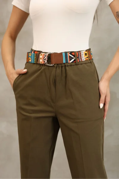 Etnik Desen Kemerli Gabardin Kumaş Pantolon 6176-Haki