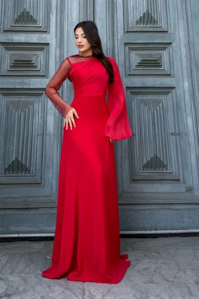 File Detaylı Abiye Elbise 2337-Kırmızı