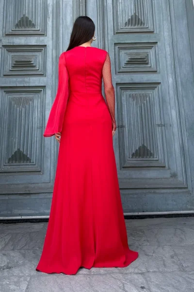 File Detaylı Abiye Elbise 2337-Kırmızı