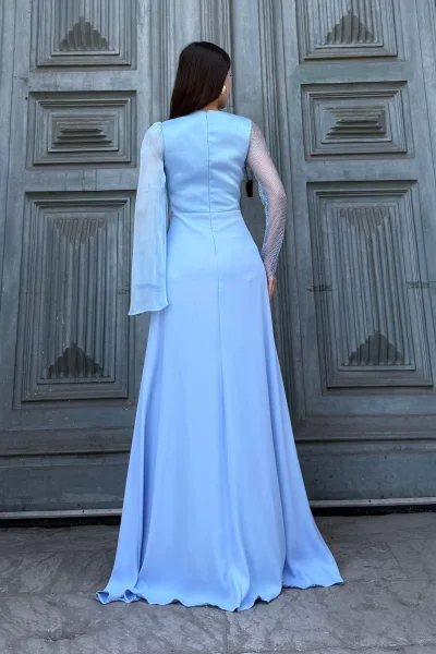 File Detaylı Abiye Elbise 2337-Mavi