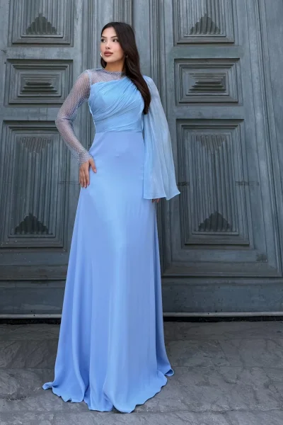 File Detaylı Abiye Elbise 2337-Mavi