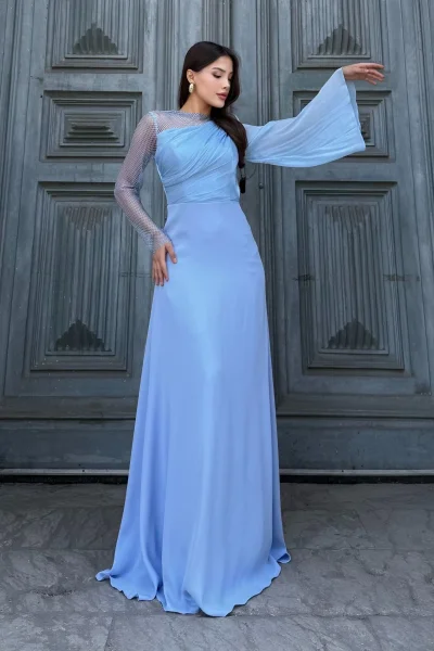 File Detaylı Abiye Elbise 2337-Mavi