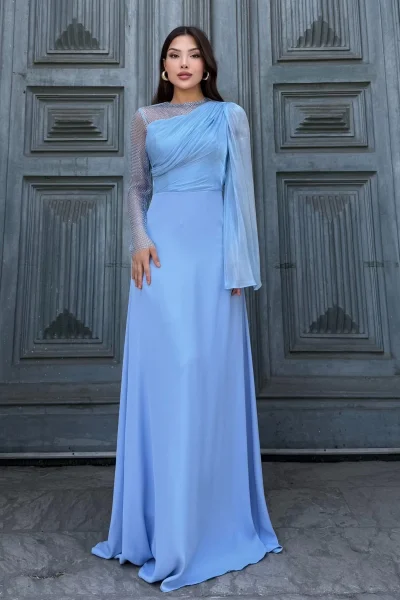 File Detaylı Abiye Elbise 2337-Mavi