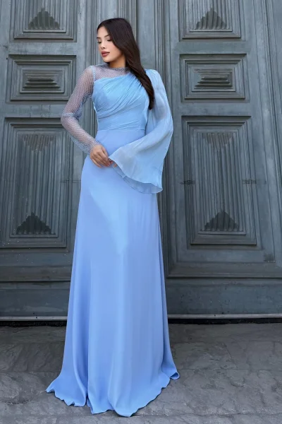 File Detaylı Abiye Elbise 2337-Mavi