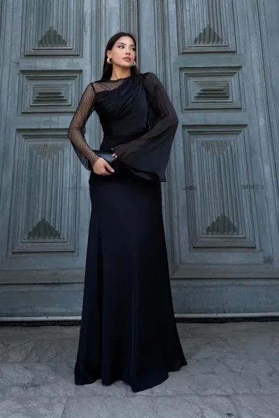 File Detaylı Abiye Elbise 2337-Siyah