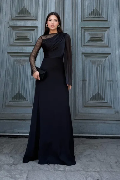 File Detaylı Abiye Elbise 2337-Siyah