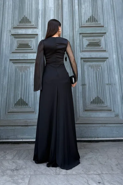 File Detaylı Abiye Elbise 2337-Siyah