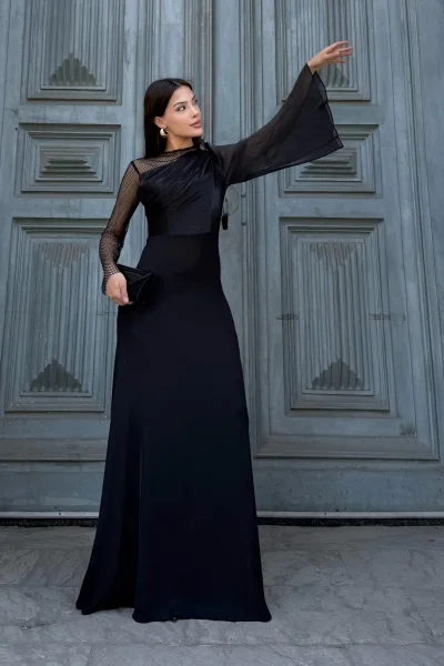 File Detaylı Abiye Elbise 2337-Siyah