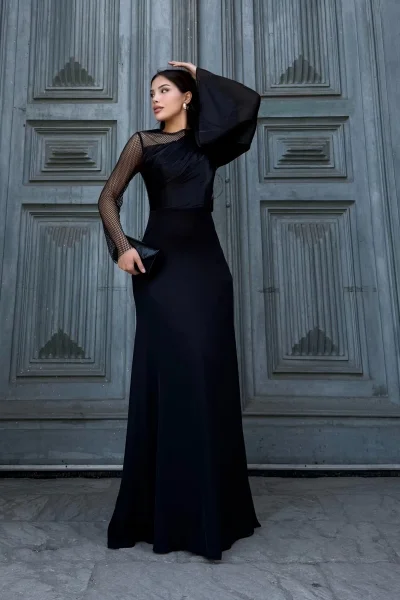 File Detaylı Abiye Elbise 2337-Siyah