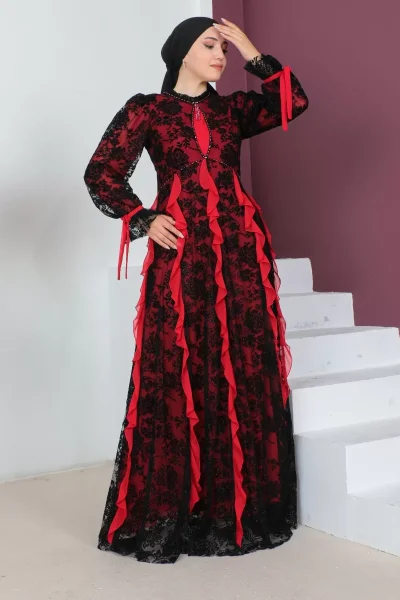 Fırfır Detaylı Dantel Tesettür Abiye Elbise 773-Siyah/Kırmızı