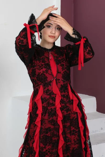 Fırfır Detaylı Dantel Tesettür Abiye Elbise 773-Siyah/Kırmızı